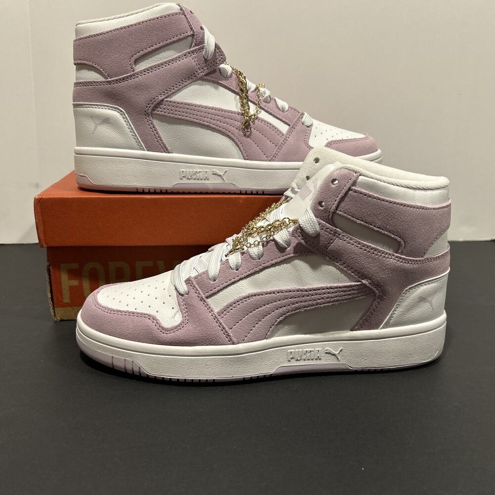 Puma Women's Rebound Layup Puma White/ Purple High Top Sneakers With Chain Sz 9